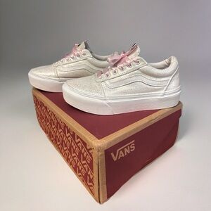 Vans Glittery White Sneakers with Pink Ribbon